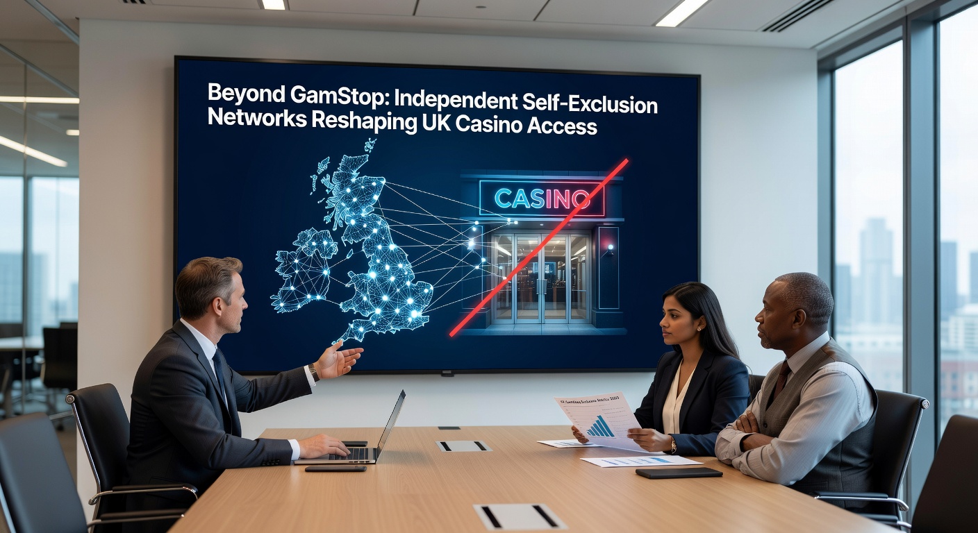 Infographic depicting interconnected self-exclusion networks versus GamStop, with arrows showing expanded casino access blocks
