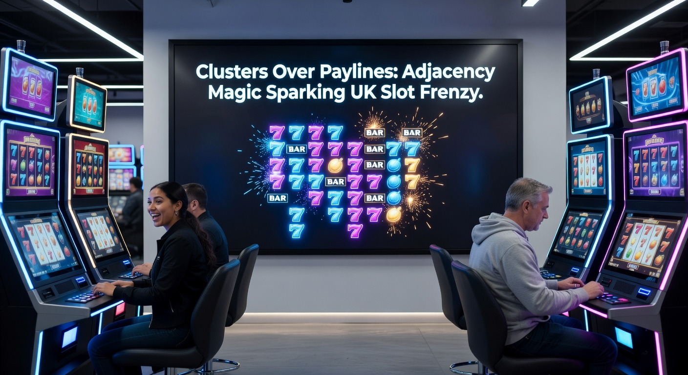 Dynamic screenshot of a modern cluster slot with massive adjacency wins, multipliers stacking, and bonus meters filling amid neon graphics