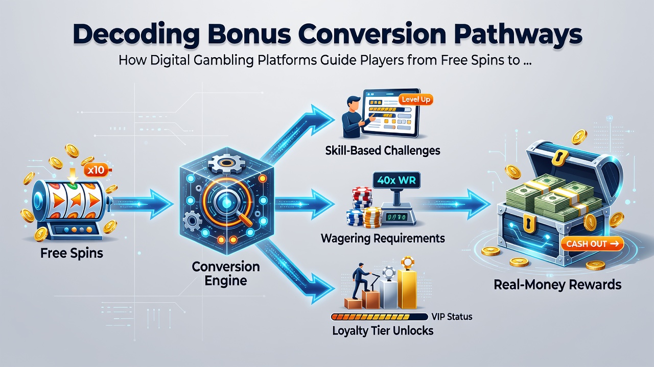Flowchart diagram illustrating bonus conversion steps from free spins to approved withdrawal on an online casino system