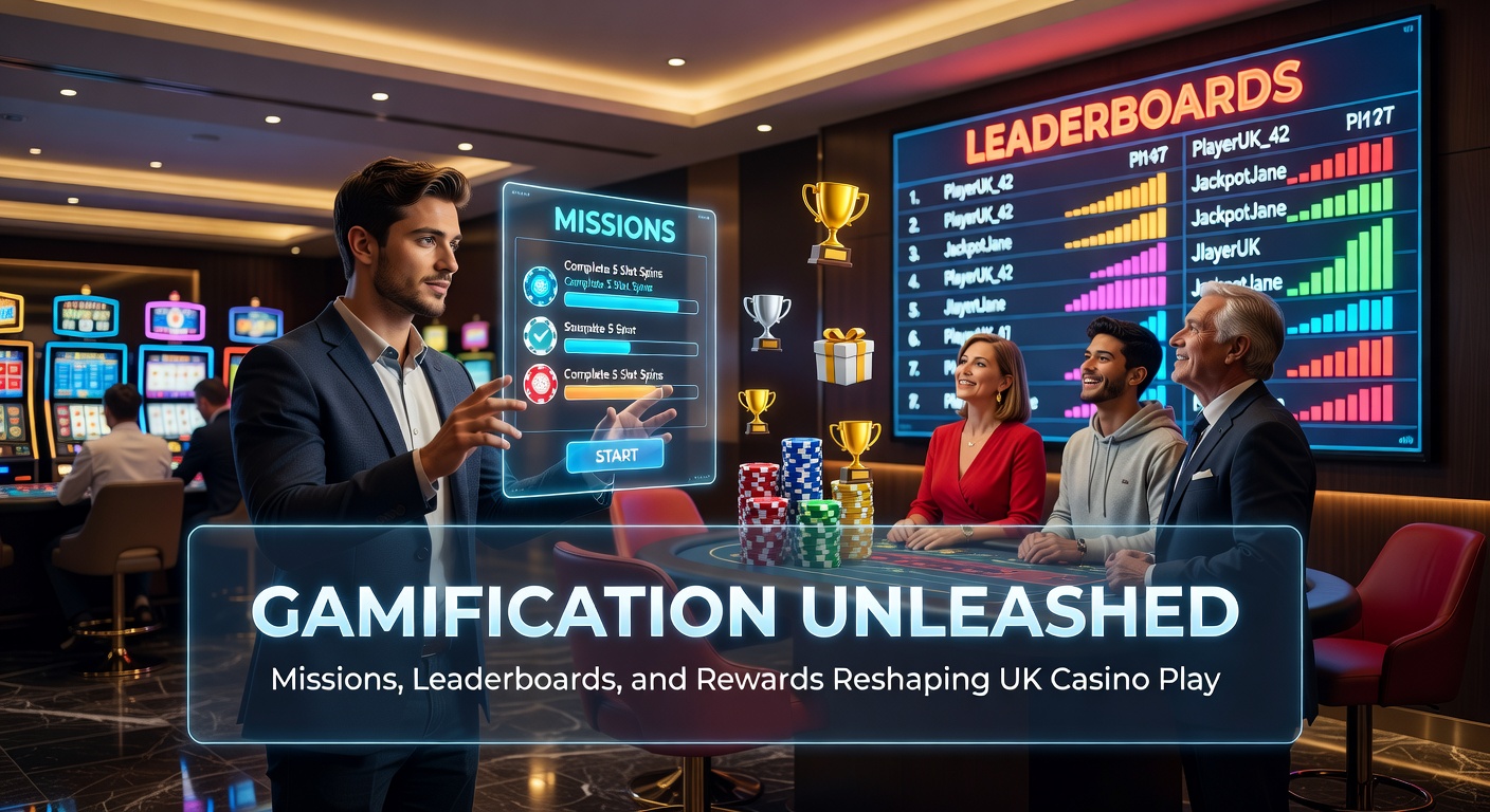 Vibrant digital leaderboard in an online casino interface showing player rankings with glowing rewards and mission icons, capturing the thrill of gamified play