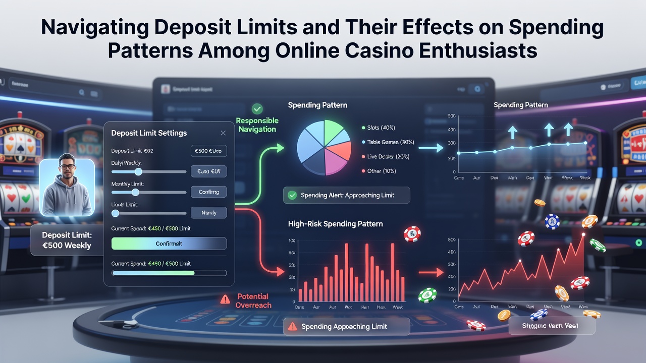 Illustration showing online casino interface with deposit limit settings and spending tracking charts
