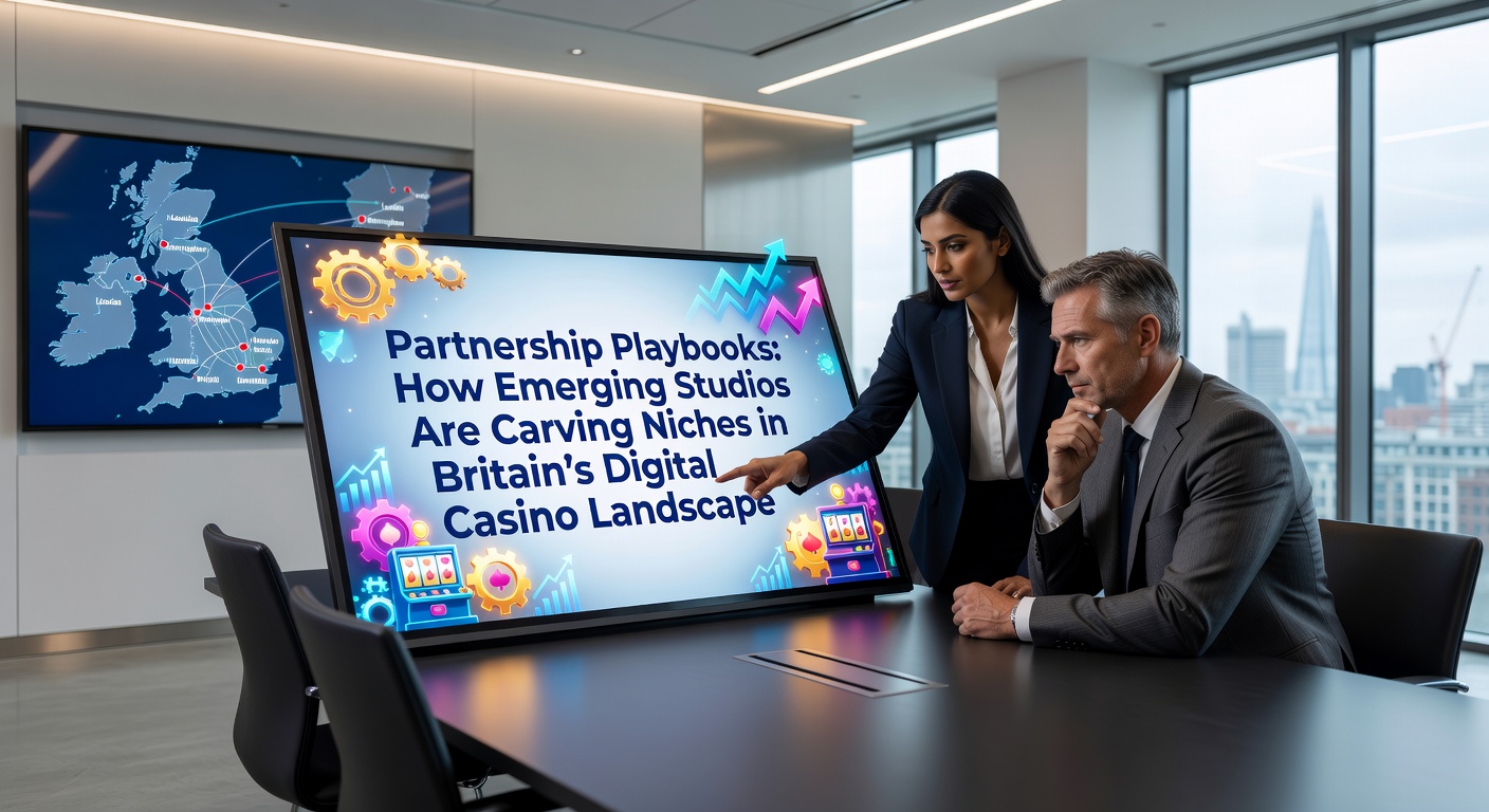 Emerging studio team collaborating on casino game development in a modern office setting