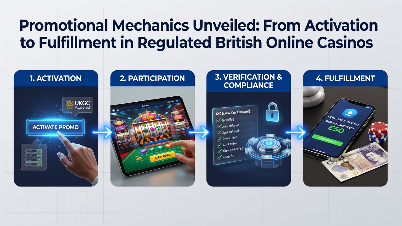 Overview of promotional mechanics in regulated British online casinos showing activation and fulfillment stages
