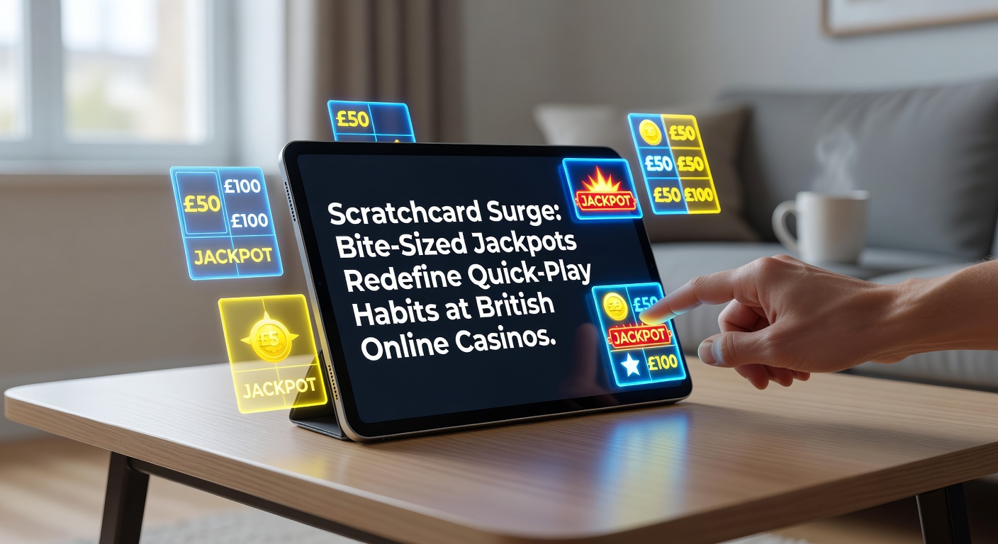 Vibrant digital scratchcard interface showing colorful tickets with jackpot symbols and quick-reveal animations on a mobile screen