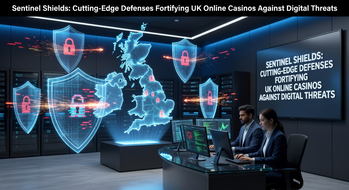 Digital shield icon representing advanced cybersecurity protections for online casinos, featuring layered barriers and network nodes glowing against a dark cyber threat background