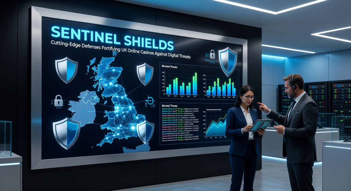 Visualization of a sentinel shield in action, showing AI neural networks deflecting cyber arrows aimed at a fortified casino server, with data streams flowing securely around barriers