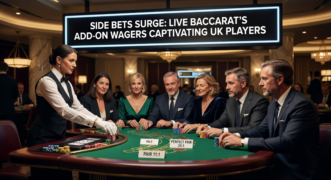 Vibrant live baccarat table with glowing side bet options highlighted, dealers in action amid streaming lights