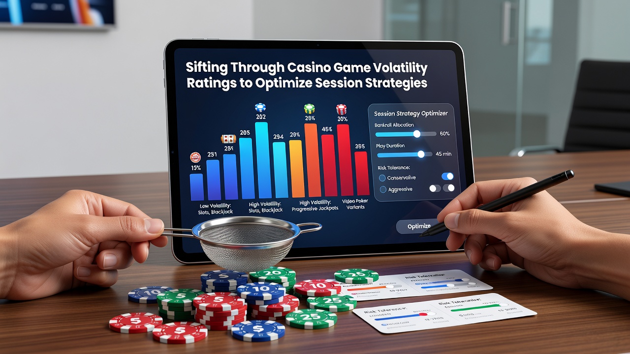 Casino game volatility ratings chart displayed on a digital screen with slot machine graphics