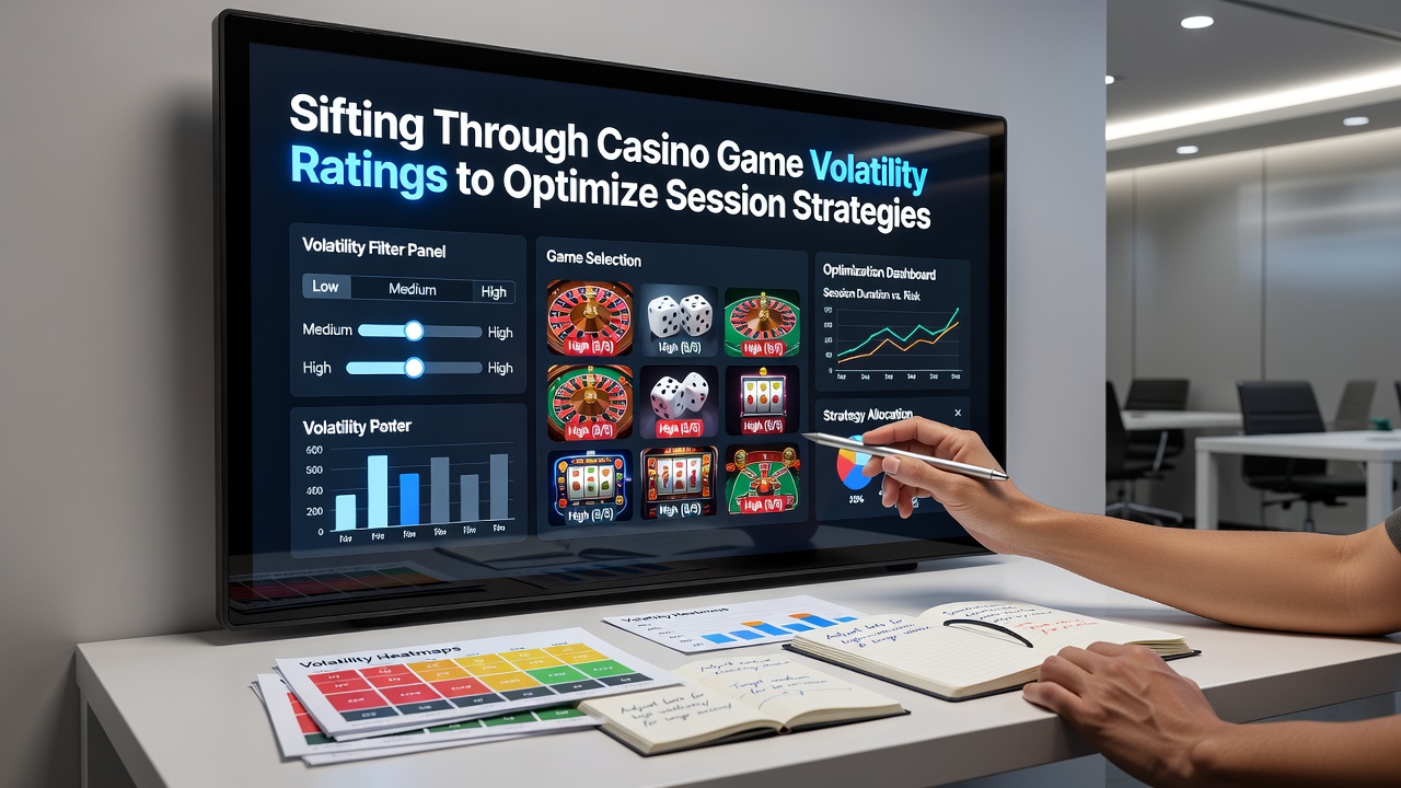 Player reviewing casino game statistics on a tablet next to slot machines in a modern gaming floor