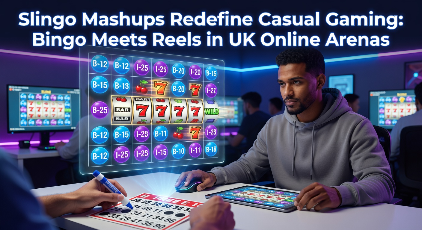 Vibrant Slingo game screen showing bingo cards merged with spinning reels and colorful paylines in a UK online casino interface