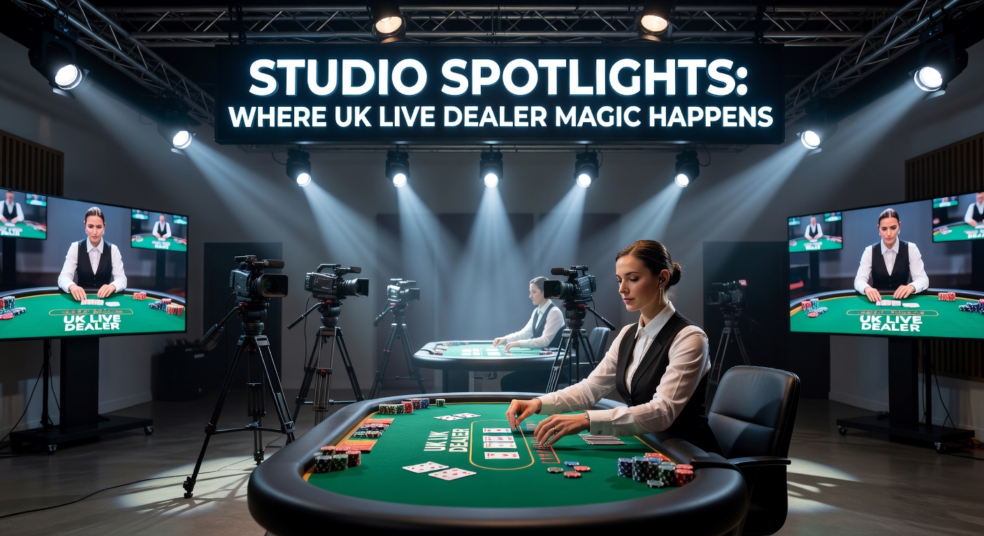 A bustling live dealer studio with multiple blackjack tables under bright lights, dealers shuffling cards professionally while cameras capture every angle