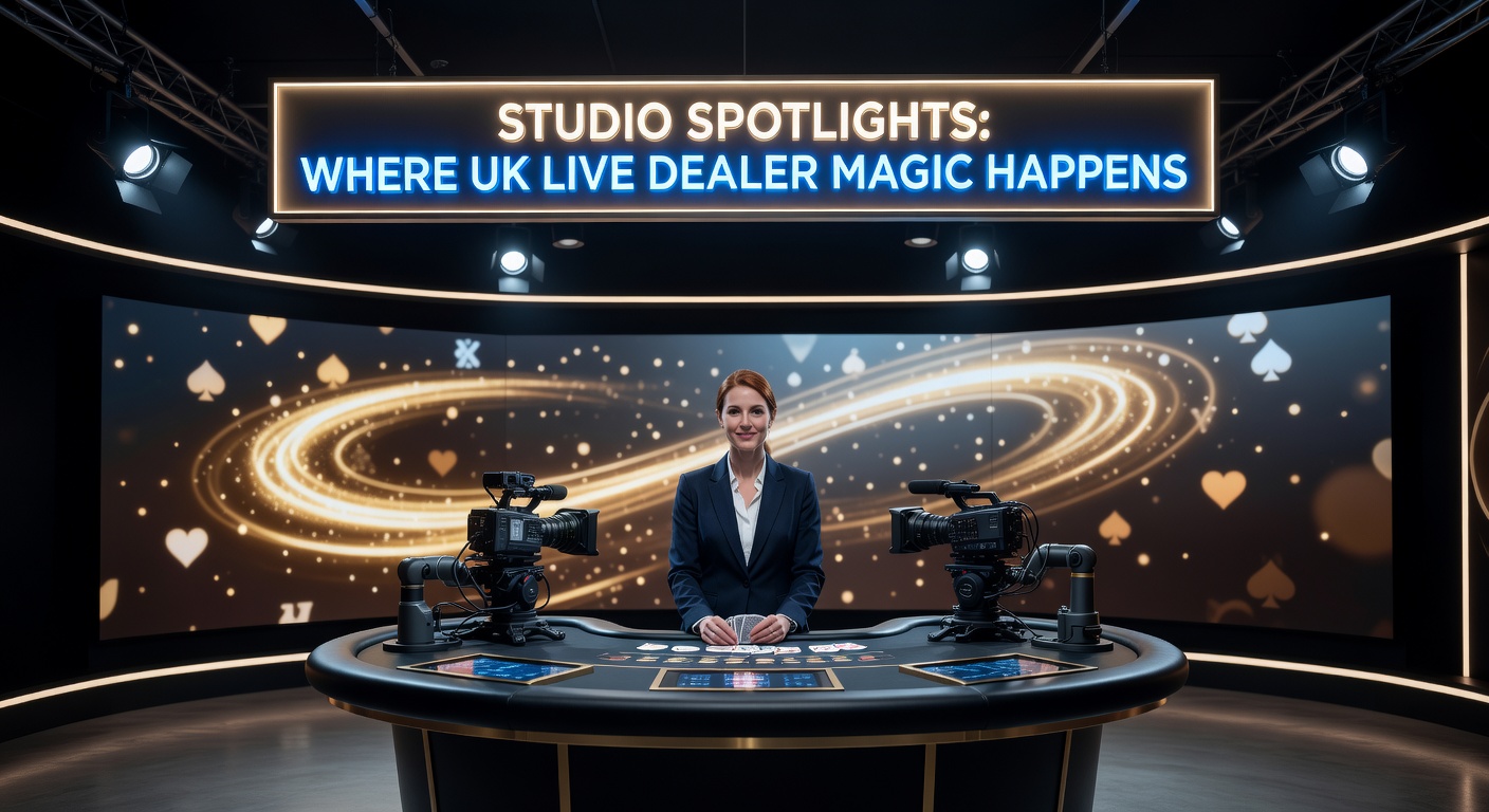 Close-up of a live roulette wheel spinning under studio spotlights, with a dealer in formal attire announcing bets and a bank of monitors displaying player chats