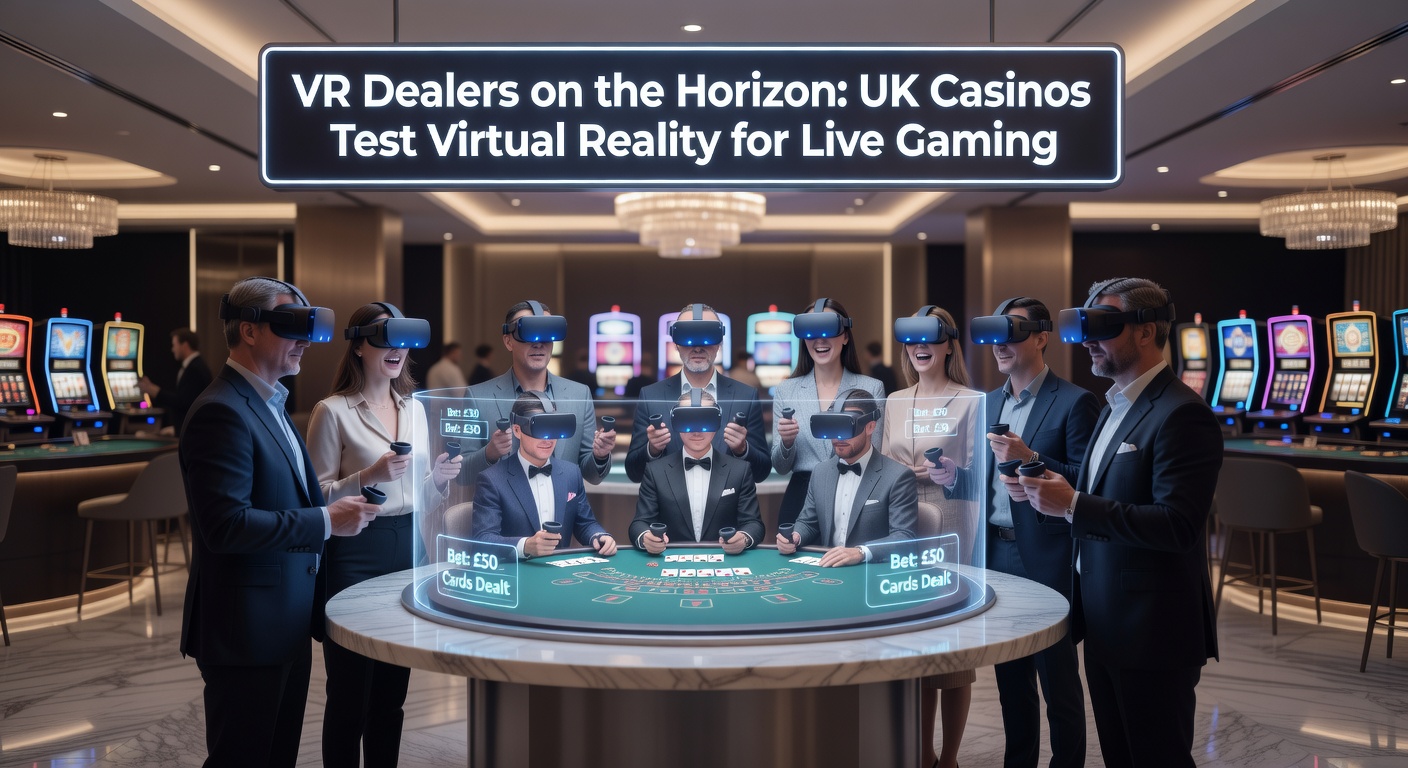 Immersive VR setup in a modern UK casino, showing headset users interacting with holographic dealers