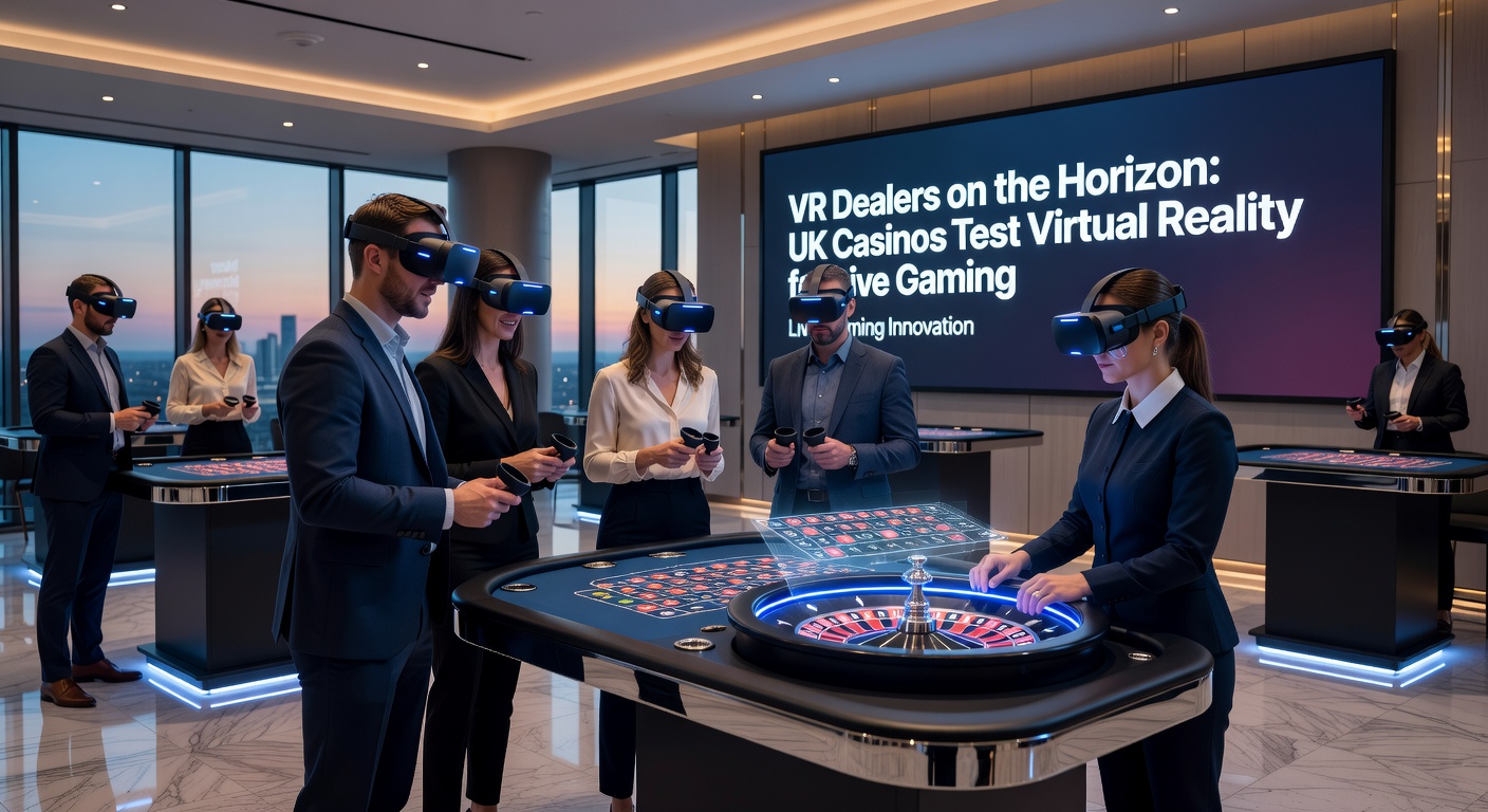 Close-up of a VR headset displaying a live dealer at a virtual roulette table, with interactive elements glowing