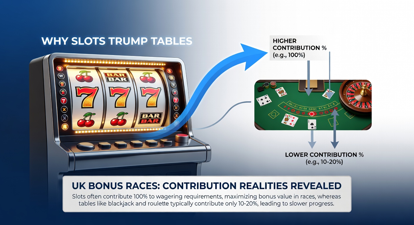 Vibrant slot reels spinning ahead of roulette wheels and blackjack tables, symbolizing faster progress in bonus races